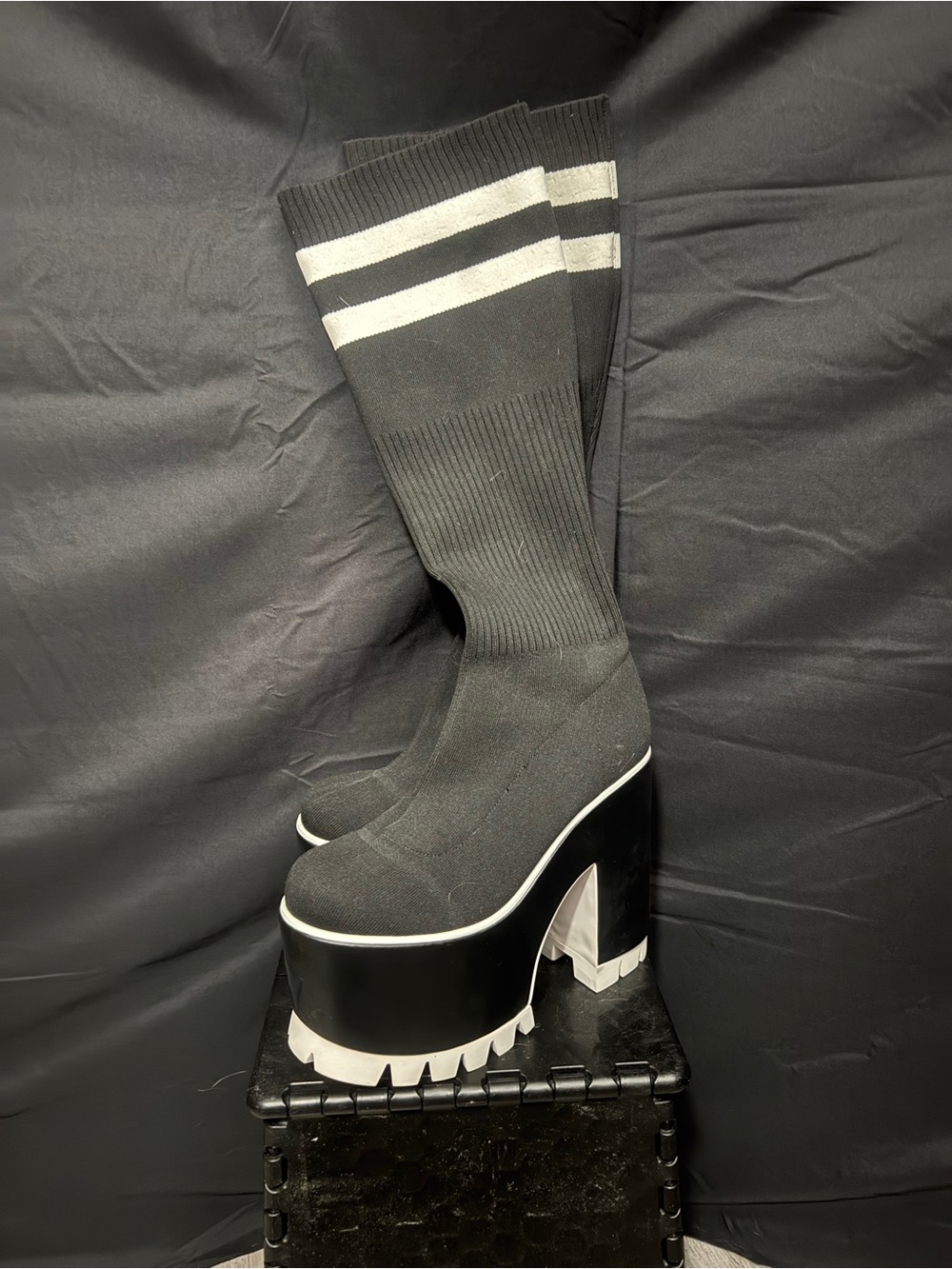 Black Knee-High Athletic Stripe Sock platforms - Dolls kill